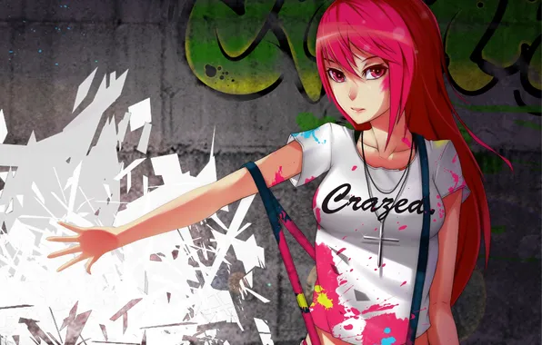 Девушка, надписи, стена, рука, арт, графити, крестик, розовые волосы