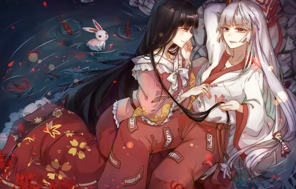 Рыбы, цветы, озеро, девушки, аниме, кролик, арт, Touhou