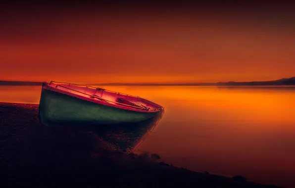 Море, небо, гладь, берег, лодка