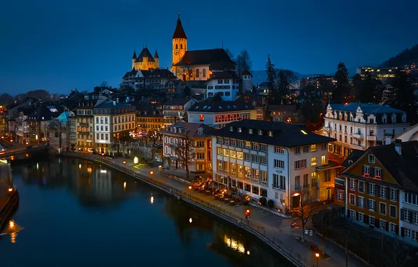 Река, здания, дома, Швейцария, ночной город, Switzerland, Aare River, Thun