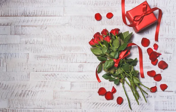 Картинка red, love, wood, romantic, hearts, valentine's day, gift, roses