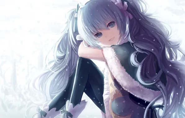 Картинка девушка, снег, арт, vocaloid, hatsune miku, сидя, хвостики, yuki miku