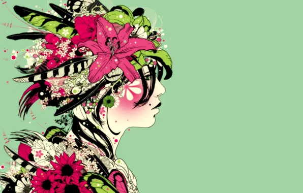 Картинка девушка, цветы, лицо, фантазия, перья