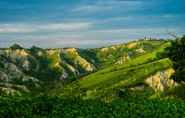 Зелень, небо, солнце, дом, холм, Италия, Brisighella