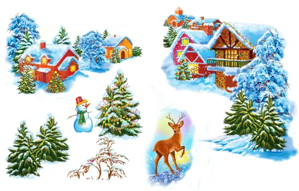 Картинка Дома, Снег, Ель, Олень, Новый год, Праздник, Снеговик
