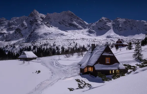 Зима, снег, горы, дом, Tatra National Park, Slovakia, Словакия, Татры