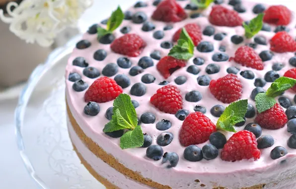 Картинка ягоды, малина, торт, мята, крем, десерт, голубика