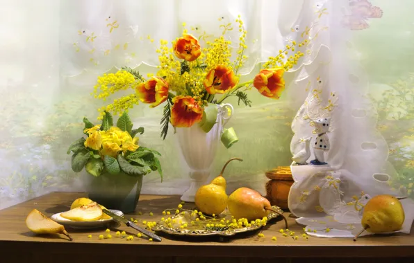 Картинка цветы, стол, тарелка, нож, тюльпаны, ваза, фрукты, натюрморт