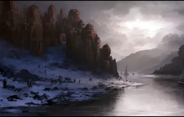 Картинка зима, небо, облака, снег, река, люди, замок, корабли