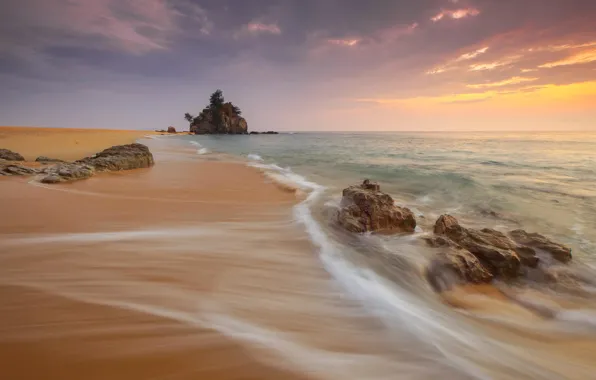 Картинка waves, beach, sea, sunset, rocks, tide, long exposure