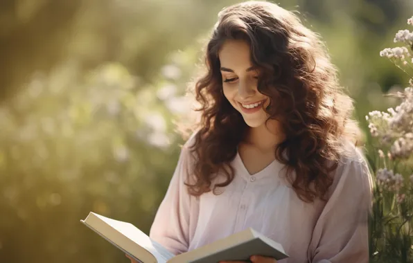 Девушка, улыбка, портрет, книга, чтение, ИИ-арт, нейросеть