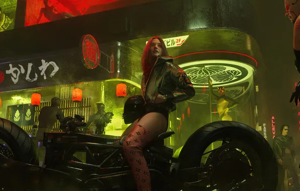 Neon, cyberpunk, digital art, tokyo, motocycle, city night, moto babe, девушка на мотоцикле
