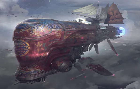 Картинка fantasy, airship, science fiction, clouds, sci-fi, cyberpunk, digital art, artwork