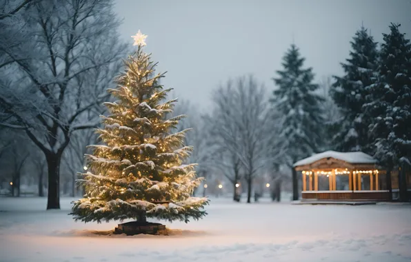Картинка зима, снег, украшения, ночь, lights, парк, елка, Новый Год