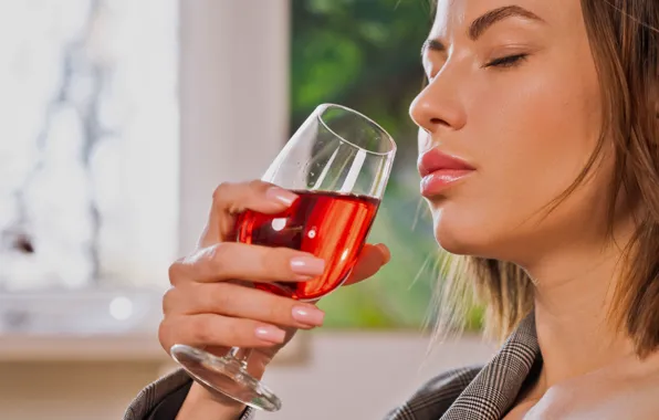 Glass, blouse, woman, young, wine, brown, model, focus