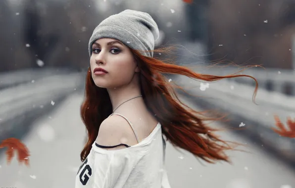 Взгляд, снежинки, природа, поза, фон, модель, шапка, портрет