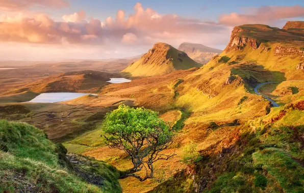 Дорога, небо, облака, горы, дерево, озера, Шотландия, Michael Breitung