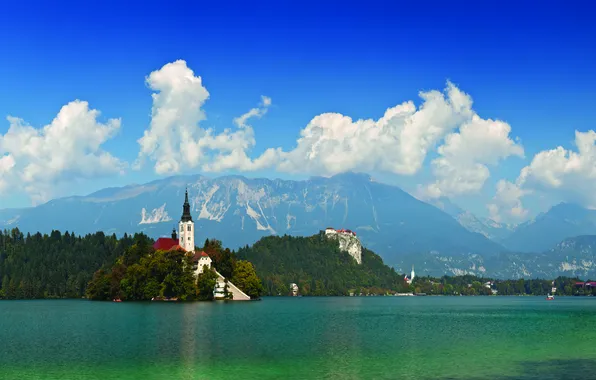 Картинка пейзаж, горы, город, озеро, Словения