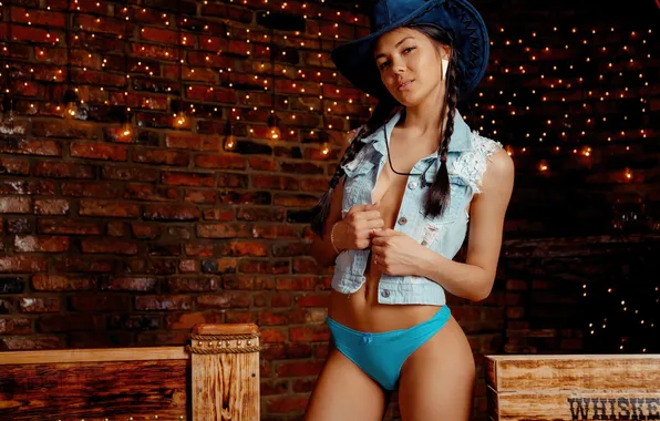 Girl, sexy, lingerie, hat, brunette, delighted, denim jacket