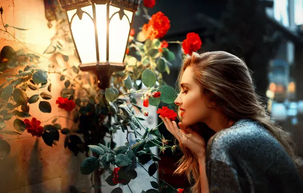 Картинка девушка, цветы, фонарь, Kaan ALTINDAL