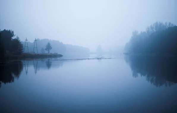 Картинка лес, небо, облака, деревья, пейзаж, природа, туман, река