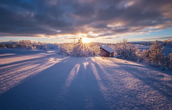 Картинка небо, солнце, облака, снег, Норвегия, winter is coming