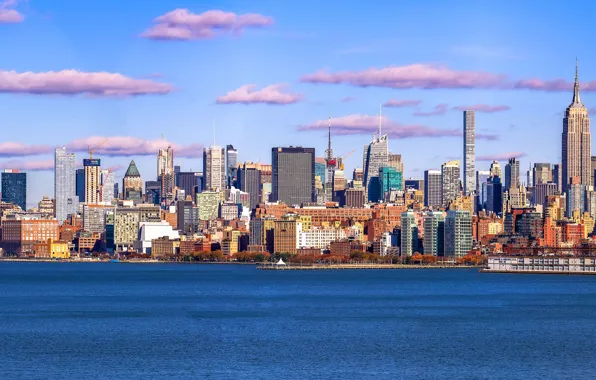 Картинка Вода, Облака, Дома, Нью-Йорк, Город, Панорама, City, USA