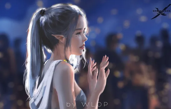 Картинка girl, fantasy, dress, blue eyes, ponytail, elf, digital art, artwork