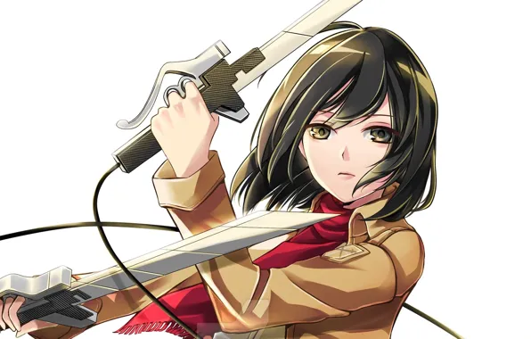 Картинка взгляд, белый фон, клинки, art, военная форма, Shingeki no Kyojin, Mikasa Ackerman, красный шарф