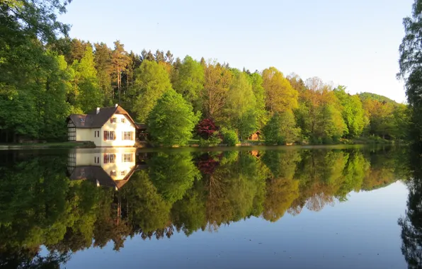 Осень, отражения, деревья, озеро, дом, colors, house, trees