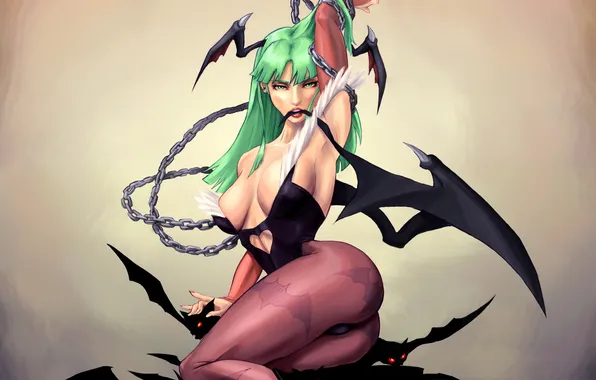 Девушка, крылья, минимализм, вампир, летучие мыши, цепи, Morrigan, Darkstalkers