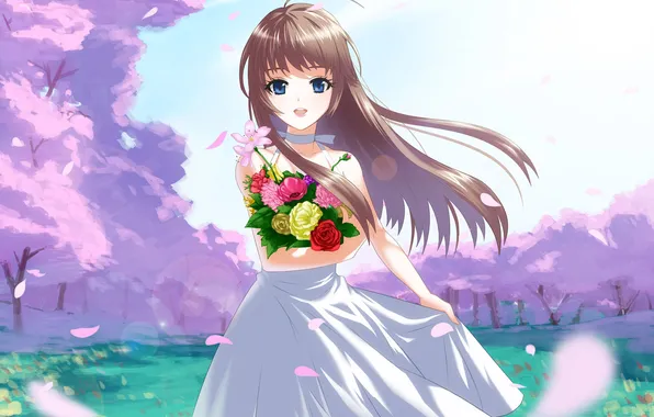 Картинка девушка, деревья, цветы, аниме