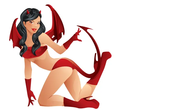 Эротика, взгляд, поза, крылья, вектор, хвост, devil, рожки