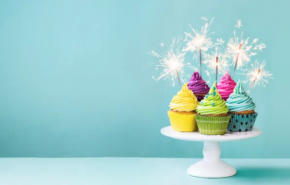 Colorful, крем, Happy Birthday, кексы, decoration, День Рождения, cupcakes, sparklers