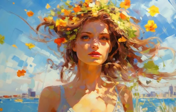 Лето, девушка, цветы, природа, лицо, краски, портрет, картина