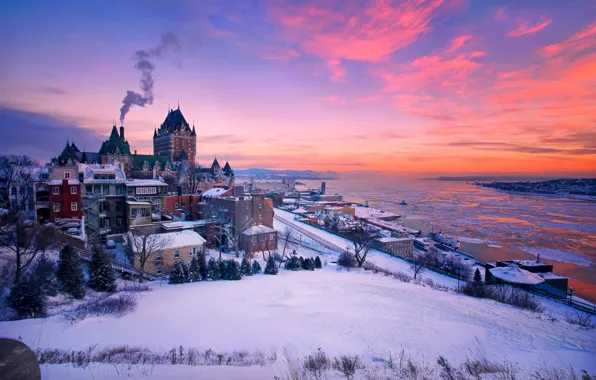 Картинка зима, снег, закат, река, здания, дома, Канада, Canada