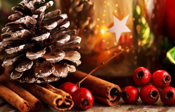 Картинка листья, ягоды, праздник, палочки, Новый Год, Рождество, красные, декорации