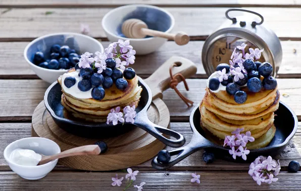 Картинка ягоды, завтрак, черника, блины, pancakes, сметана, Anna Verdina