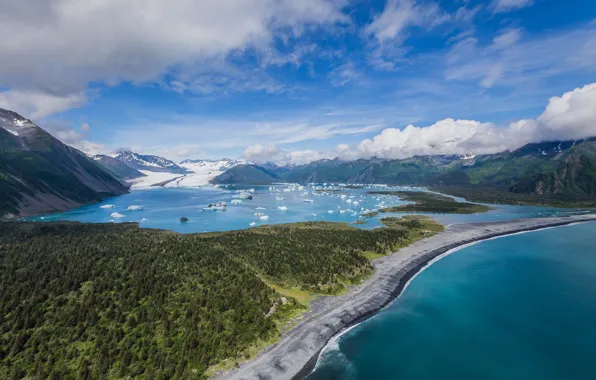 Облака, горы, льдины, Alaska, водоём