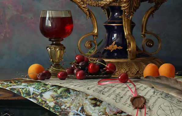 Картинка письмо, вишня, вино, бокал, натюрморт, абрикосы, Андрей Морозов