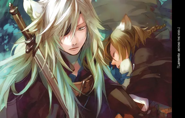 Меч, повязка на глаз, два парня, visual novel, rai, lamento, konoe, длинные белые волосы