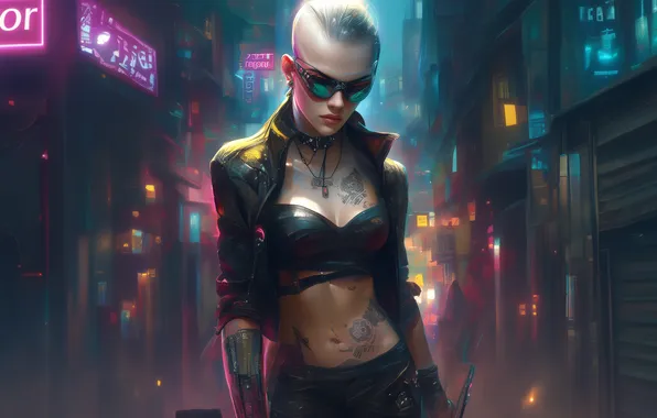 Girl, City, wallpaper, Girls, Neon, Tattoo, Glasses, Cyberpunk