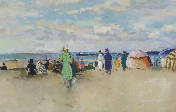 Картинка картина, Paul-Elie Gernez, Сцена на пляже. Трувиль, Поль-Эли Жернез