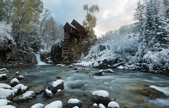 Картинка снег, река, мельница, Crystal Mill