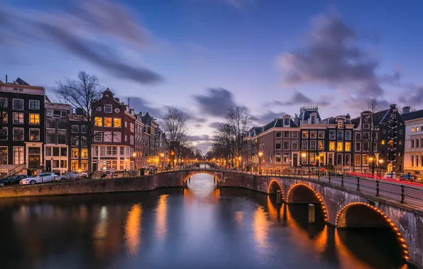 Картинка мост, огни, вечер, Амстердам, канал, Нидерланды, Amsterdam, Голландия
