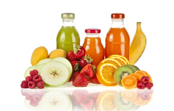 Отражение, яблоки, апельсины, клубника, фрукты, банан, натуральный сок, бутылочки