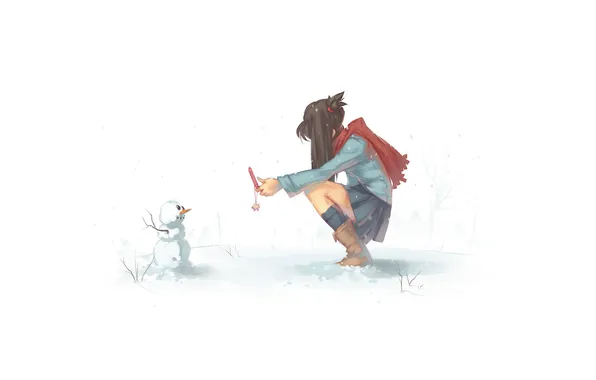 Картинка зима, девушка, снег, снеговик, мобильный