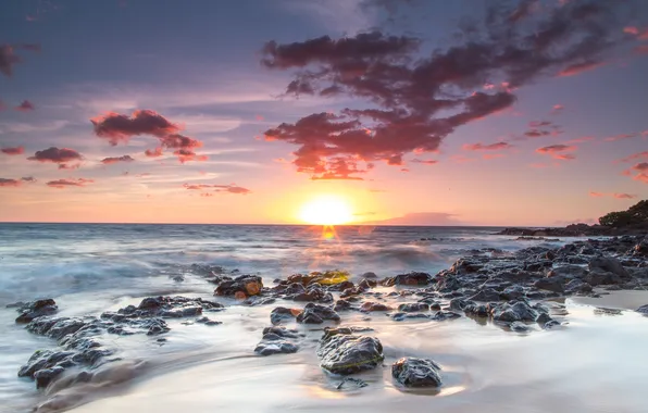 Камни, океан, рассвет, берег, Kihei, Hawai