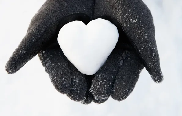 Зима, снег, сердце, руки, перчатки, love