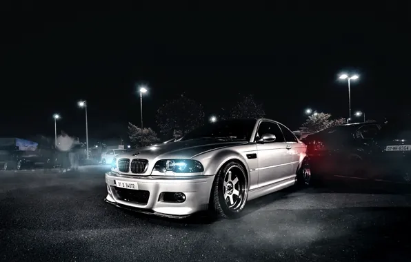 Картинка BMW, night, front, E46, silvery